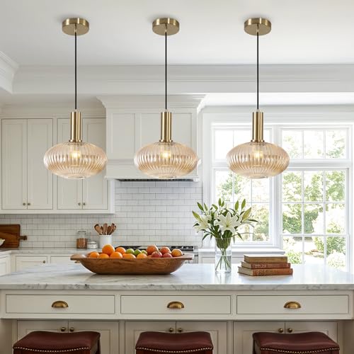 KCO Lighting Vintage Gold Pendant Light Fixture Amber Glass Pendant Light Mid Century Modern Lantern Light Antique Brass Dining Room Light Large Hanging Light Fixture - Image 4