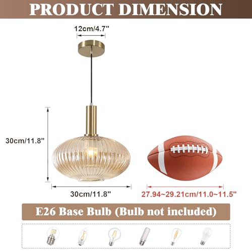 KCO Lighting Vintage Gold Pendant Light Fixture Amber Glass Pendant Light Mid Century Modern Lantern Light Antique Brass Dining Room Light Large Hanging Light Fixture - Image 2