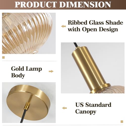 KCO Lighting Vintage Gold Pendant Light Fixture Amber Glass Pendant Light Mid Century Modern Lantern Light Antique Brass Dining Room Light Large Hanging Light Fixture - Image 3