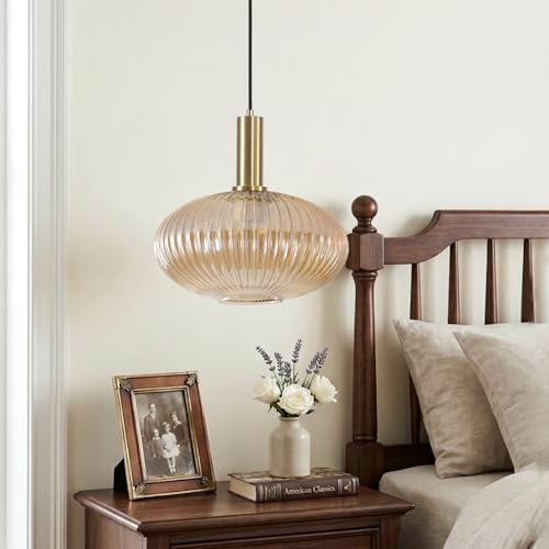 KCO Lighting Vintage Gold Pendant Light Fixture Amber Glass Pendant Light Mid Century Modern Lantern Light Antique Brass Dining Room Light Large Hanging Light Fixture - Image 5