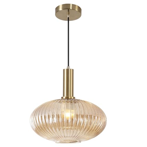 KCO Lighting Vintage Gold Pendant Light Fixture Amber Glass Pendant Light Mid Century Modern Lantern Light Antique Brass Dining Room Light Large Hanging Light Fixture - Image 1
