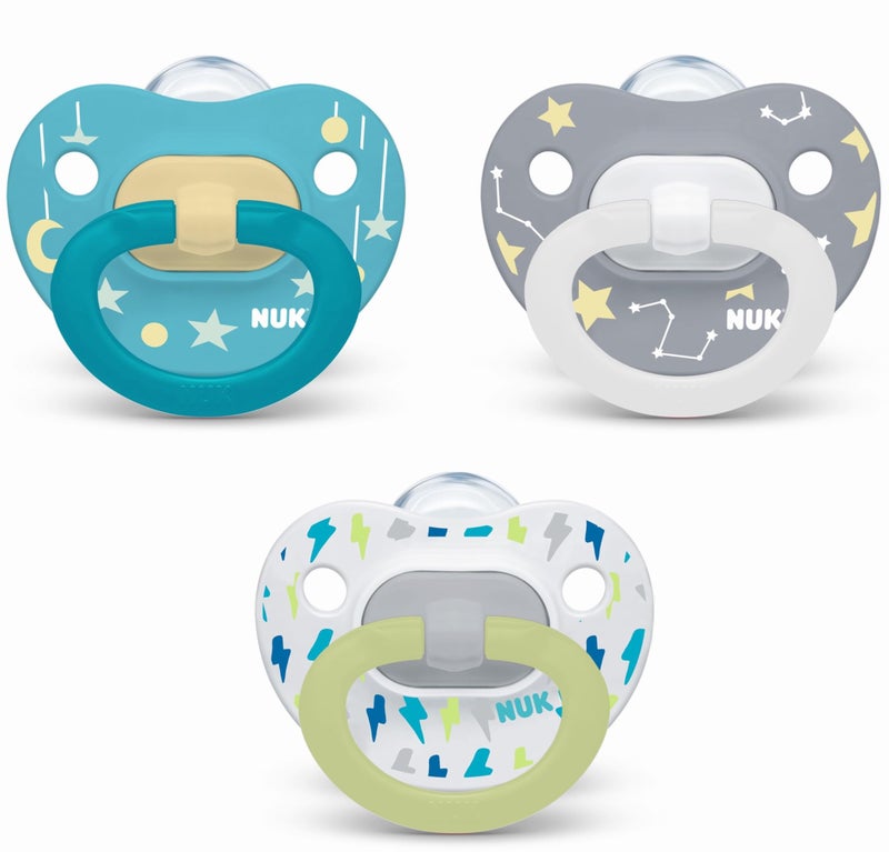 NUK Orthodontic Pacifier Value Pack, Boy&Girl,0-6 Months, 3-Pack (Star) (Glows in The Dark) - Image 1
