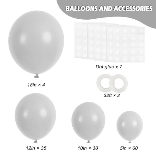 RUBFAC 129pcs Gray Balloons Different Sizes 18 12 10 5 Inches Matte Grey Latex Balloon Garland Arch Kit for Birthday Party Graduation Baby Shower Wedding Holiday Decoration - Image 5