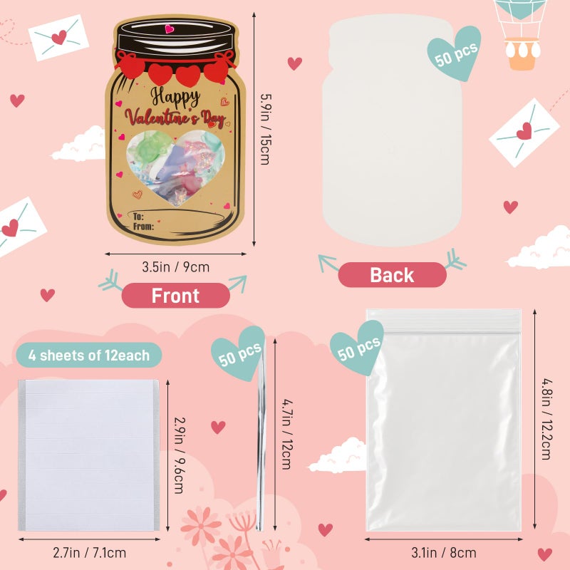 Galetcy Valentines Day Mason Jar Cards - 50 Pack Valentine Greeting Cards for Classroom, Valentines Day Gifts Exchange Cards for School Candy Treats (Candy Not Included) - Image 2