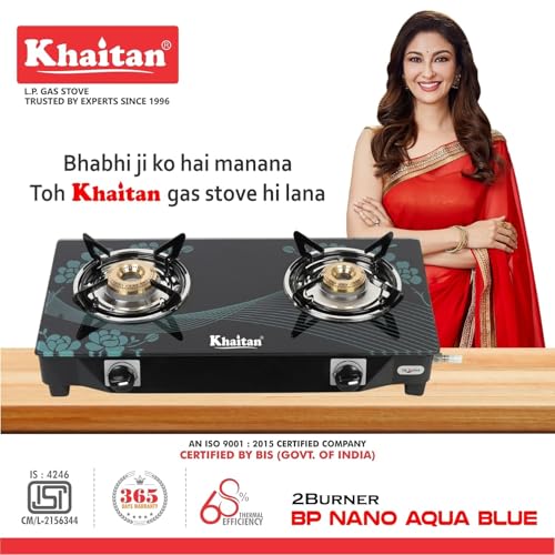 Khaitan 2 Burner BP Nano Aqua Blue Digital Toughened Glass LPG Gas Cooktop, Manual Ignition Gas Stove with 1 Year Warranty (ISI Approved) - Image 2
