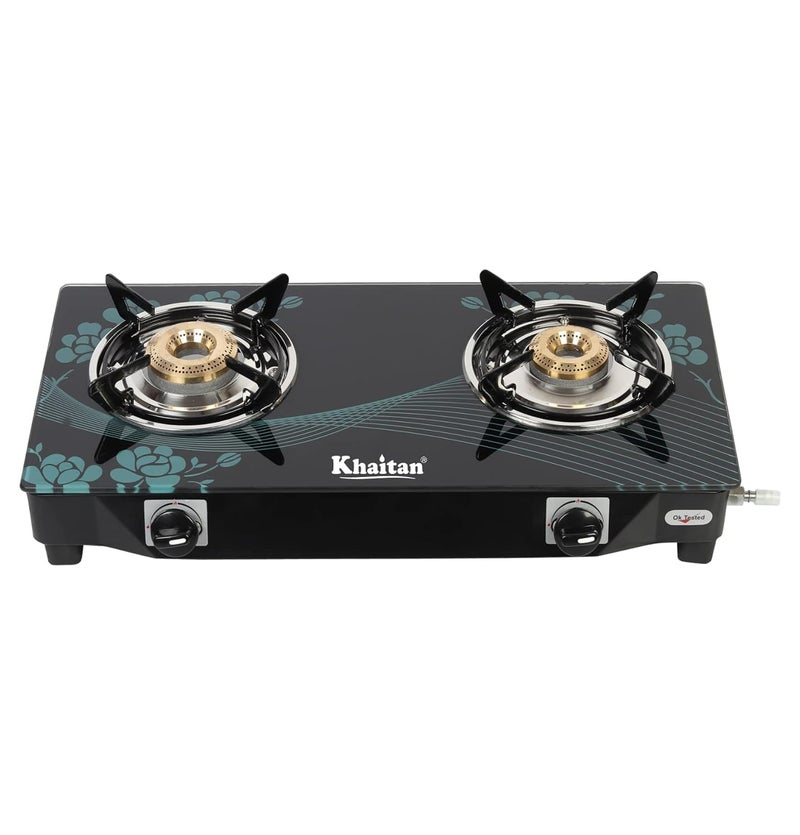Khaitan 2 Burner BP Nano Aqua Blue Digital Toughened Glass LPG Gas Cooktop, Manual Ignition Gas Stove with 1 Year Warranty (ISI Approved) - Image 1