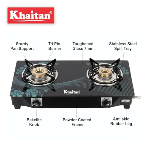 Khaitan 2 Burner BP Nano Aqua Blue Digital Toughened Glass LPG Gas Cooktop, Manual Ignition Gas Stove with 1 Year Warranty (ISI Approved) - Image 5