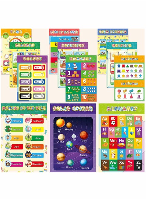 16-Piece Educational Preschool Posters for Toddlers and Kids' Classroom Learning, Includes Glue Dots for Easy Display and Engagement.
