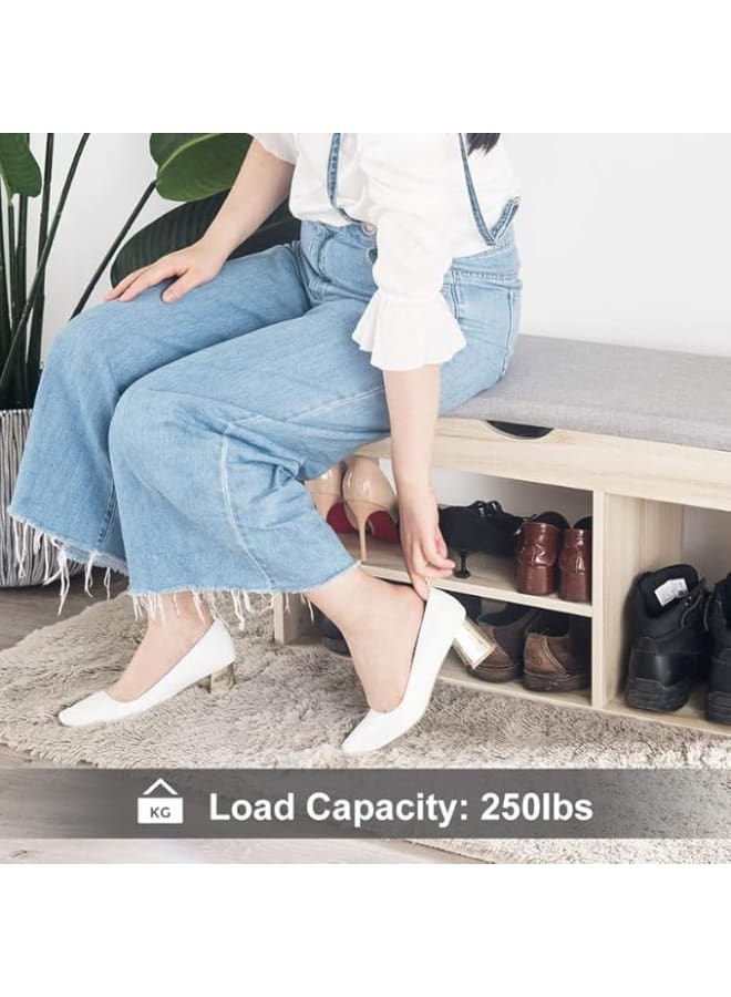 مودرن هوم مقعد تخزين أحذية، خزانة أحذية خشبية متوسطة الكثافة (MDF) للمدخل مع مقعد مبطن، منظم أحذية متعدد الأقسام مع أرفف مفتوحة ومساحة تخزين جانبية، سطح قماشي مريح للمدخل وغرفة النوم، خشب فاتح - Image 5