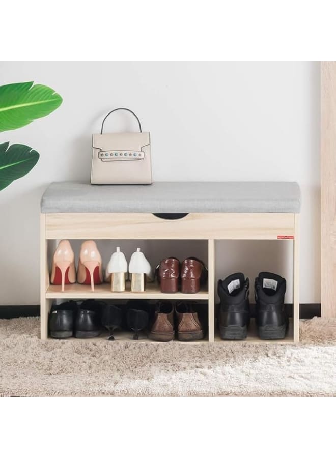 مودرن هوم مقعد تخزين أحذية، خزانة أحذية خشبية متوسطة الكثافة (MDF) للمدخل مع مقعد مبطن، منظم أحذية متعدد الأقسام مع أرفف مفتوحة ومساحة تخزين جانبية، سطح قماشي مريح للمدخل وغرفة النوم، خشب فاتح - Image 2