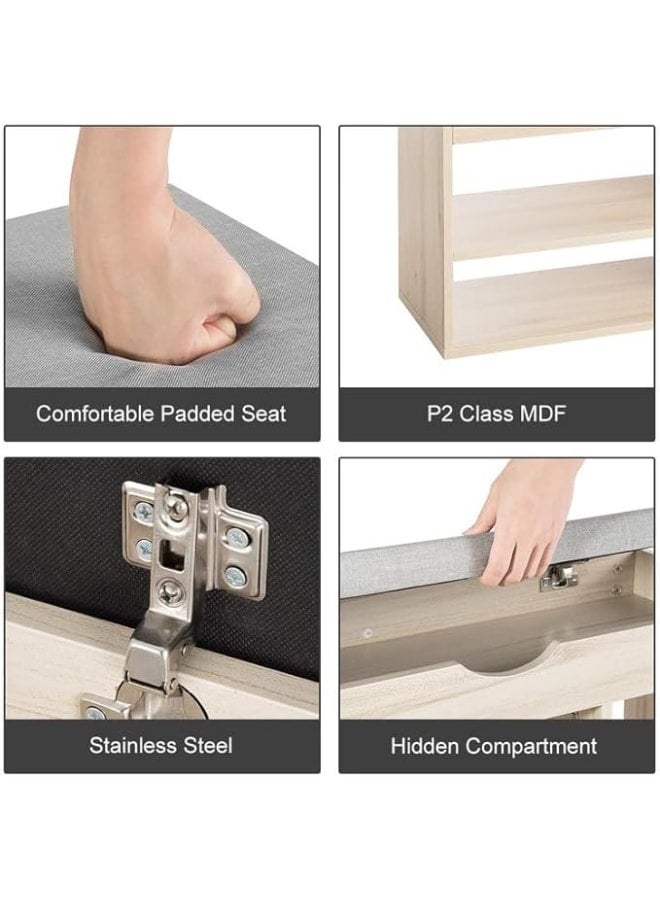 مودرن هوم مقعد تخزين أحذية، خزانة أحذية خشبية متوسطة الكثافة (MDF) للمدخل مع مقعد مبطن، منظم أحذية متعدد الأقسام مع أرفف مفتوحة ومساحة تخزين جانبية، سطح قماشي مريح للمدخل وغرفة النوم، خشب فاتح - Image 3