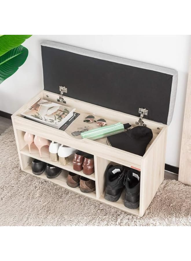 مودرن هوم مقعد تخزين أحذية، خزانة أحذية خشبية متوسطة الكثافة (MDF) للمدخل مع مقعد مبطن، منظم أحذية متعدد الأقسام مع أرفف مفتوحة ومساحة تخزين جانبية، سطح قماشي مريح للمدخل وغرفة النوم، خشب فاتح - Image 4