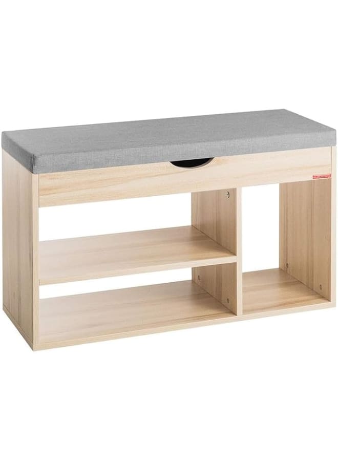 مودرن هوم مقعد تخزين أحذية، خزانة أحذية خشبية متوسطة الكثافة (MDF) للمدخل مع مقعد مبطن، منظم أحذية متعدد الأقسام مع أرفف مفتوحة ومساحة تخزين جانبية، سطح قماشي مريح للمدخل وغرفة النوم، خشب فاتح - Image 1