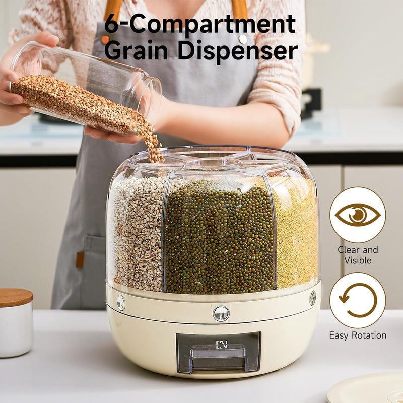 UFORU Rice Dispenser | 360° Rotating Grain Storage Bin - 6 Grids, 20LBS Large Capacity Food Container, Moisture-Proof, One-Click Output for Rice, Beans & Pet Food - Kitchen Pantry Organizer - Image 5