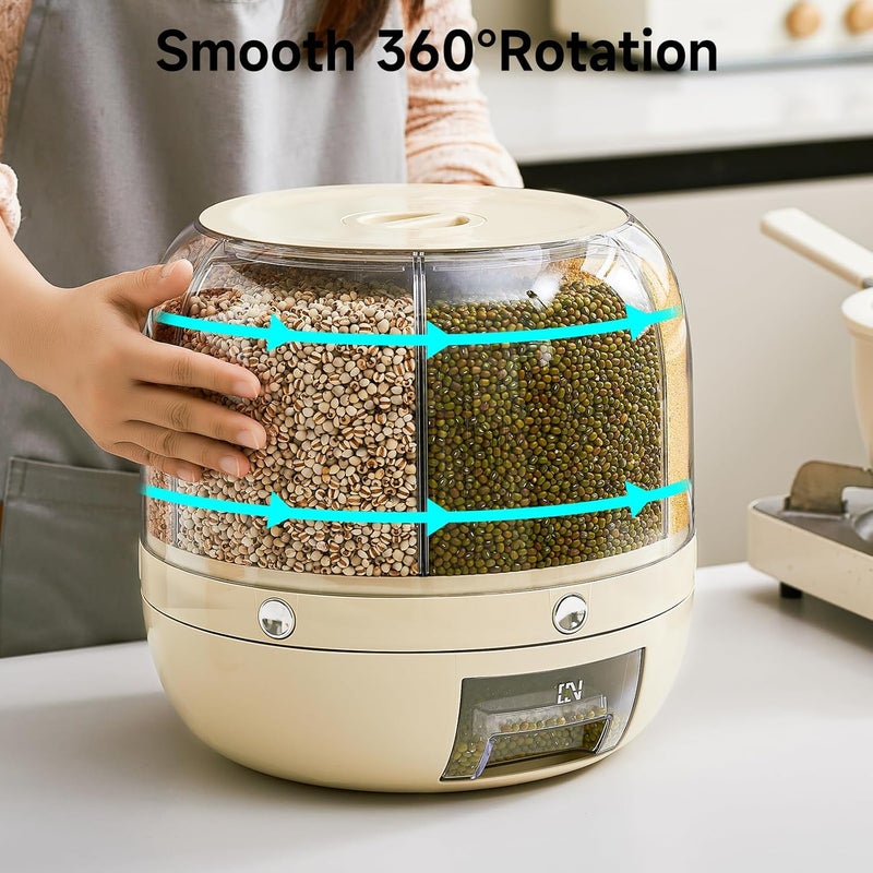 UFORU Rice Dispenser | 360° Rotating Grain Storage Bin - 6 Grids, 20LBS Large Capacity Food Container, Moisture-Proof, One-Click Output for Rice, Beans & Pet Food - Kitchen Pantry Organizer - Image 3