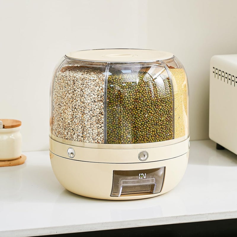UFORU Rice Dispenser | 360° Rotating Grain Storage Bin - 6 Grids, 20LBS Large Capacity Food Container, Moisture-Proof, One-Click Output for Rice, Beans & Pet Food - Kitchen Pantry Organizer - Image 2