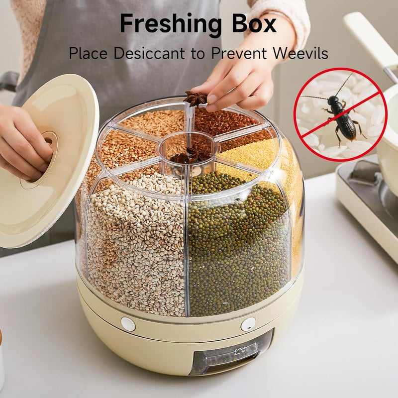 UFORU Rice Dispenser | 360° Rotating Grain Storage Bin - 6 Grids, 20LBS Large Capacity Food Container, Moisture-Proof, One-Click Output for Rice, Beans & Pet Food - Kitchen Pantry Organizer - Image 4
