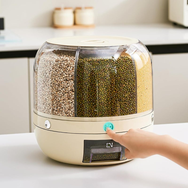UFORU Rice Dispenser | 360° Rotating Grain Storage Bin - 6 Grids, 20LBS Large Capacity Food Container, Moisture-Proof, One-Click Output for Rice, Beans & Pet Food - Kitchen Pantry Organizer - Image 1