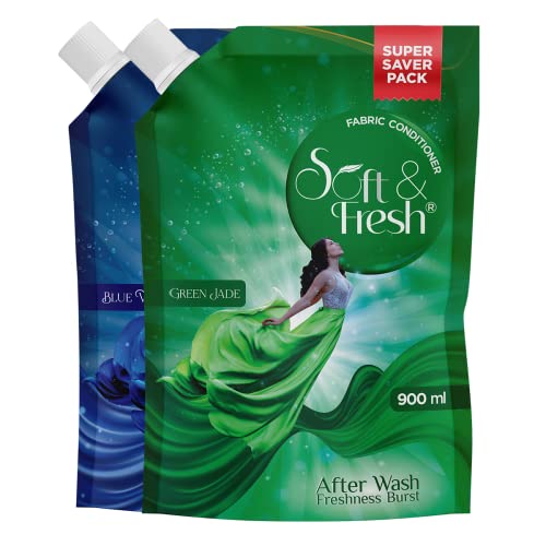 Soft & Fresh combo Pack of Green Jade & Blue Wave 2X900ml, best fabric conditioner softener increase freshness and softness 900ml refill pouch Pack of 2 - Image 1