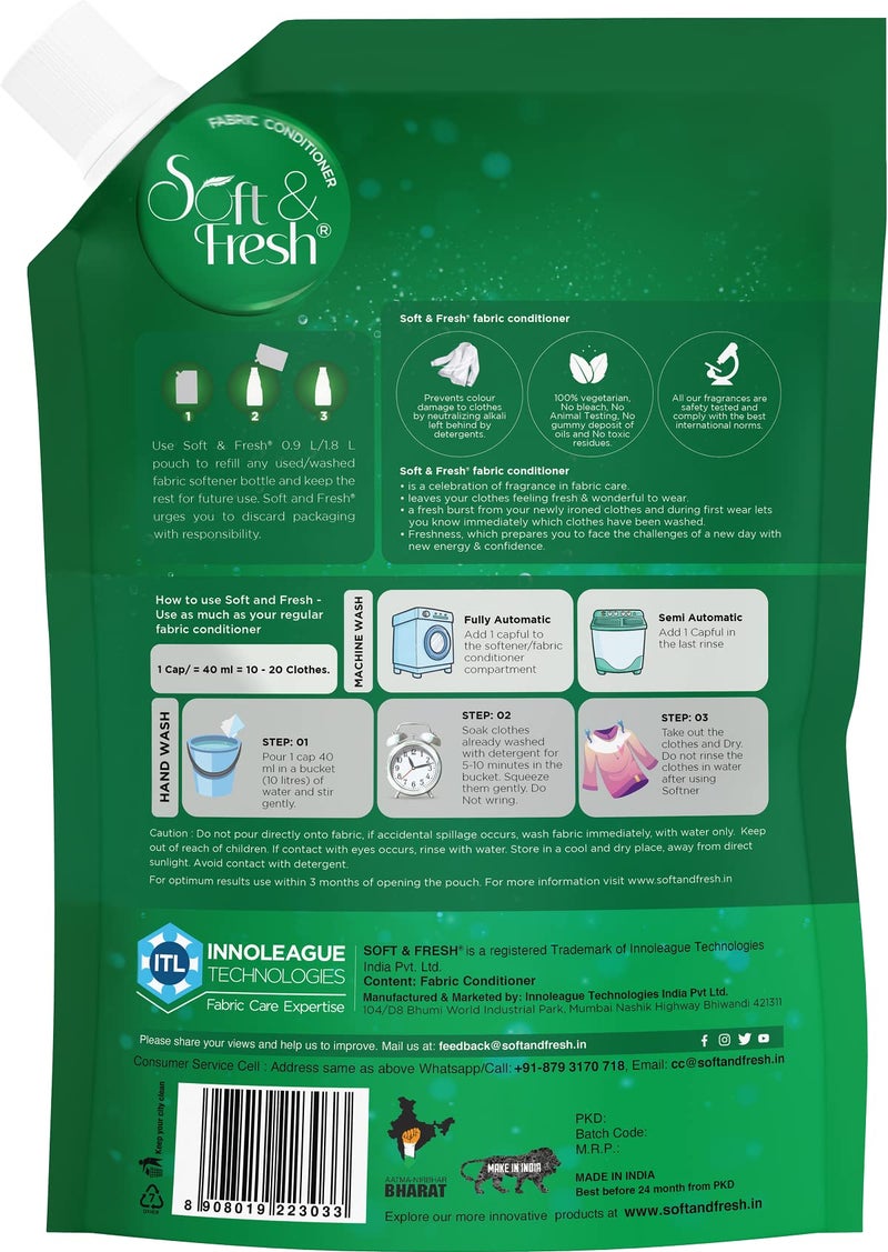 Soft & Fresh combo Pack of Green Jade & Blue Wave 2X900ml, best fabric conditioner softener increase freshness and softness 900ml refill pouch Pack of 2 - Image 4