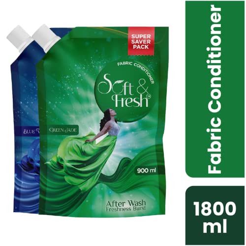 Soft & Fresh combo Pack of Green Jade & Blue Wave 2X900ml, best fabric conditioner softener increase freshness and softness 900ml refill pouch Pack of 2 - Image 2