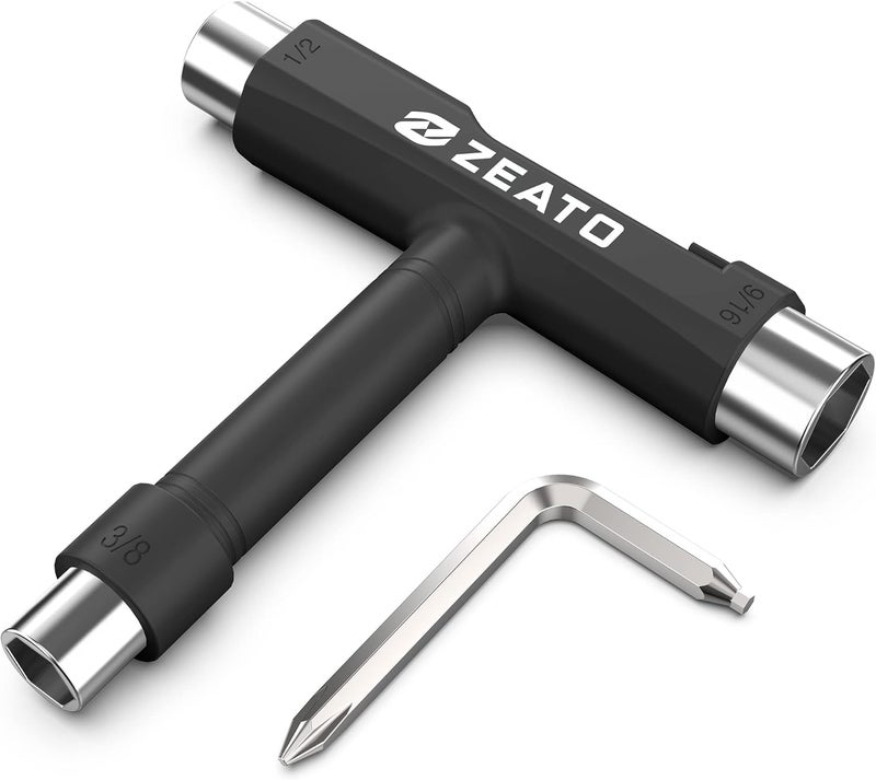 Zeato Multi-Function Portable Skateboard T Tool with Allen Key and Phillips Head Screwdriver - Black - Image 1