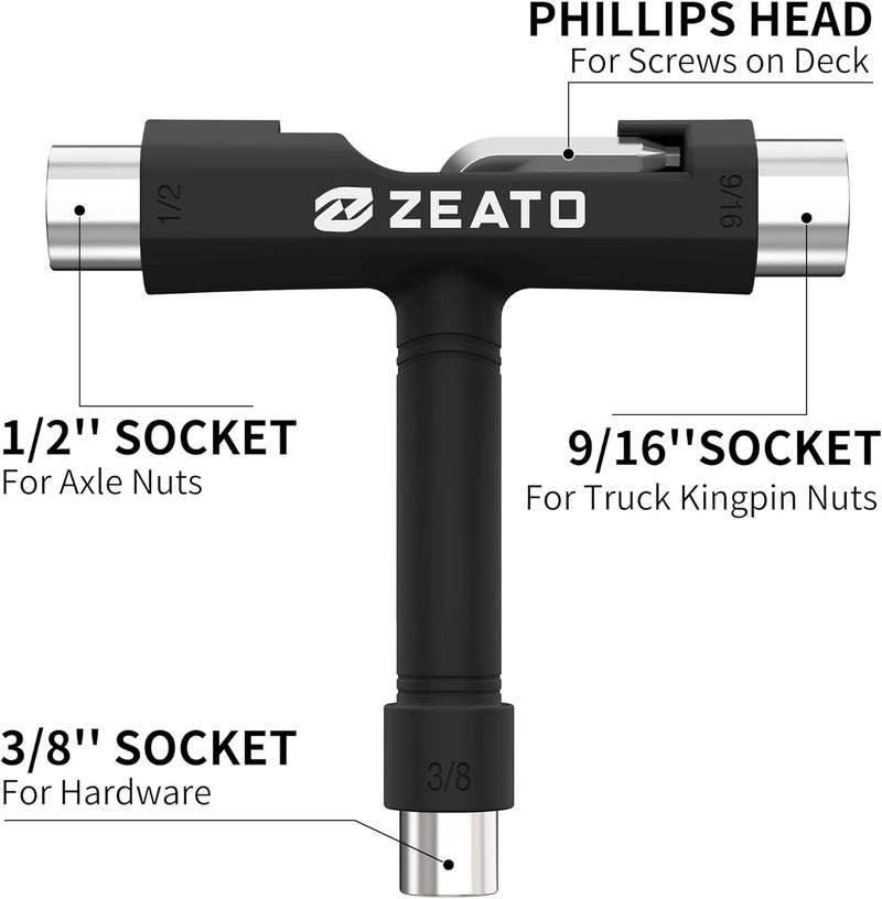 Zeato Multi-Function Portable Skateboard T Tool with Allen Key and Phillips Head Screwdriver - Black - Image 2
