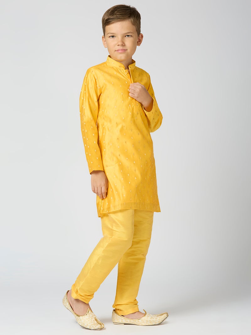 Jhambthreads Yellow Chanderi Kurta Pyjama Set for Kids - Image 4