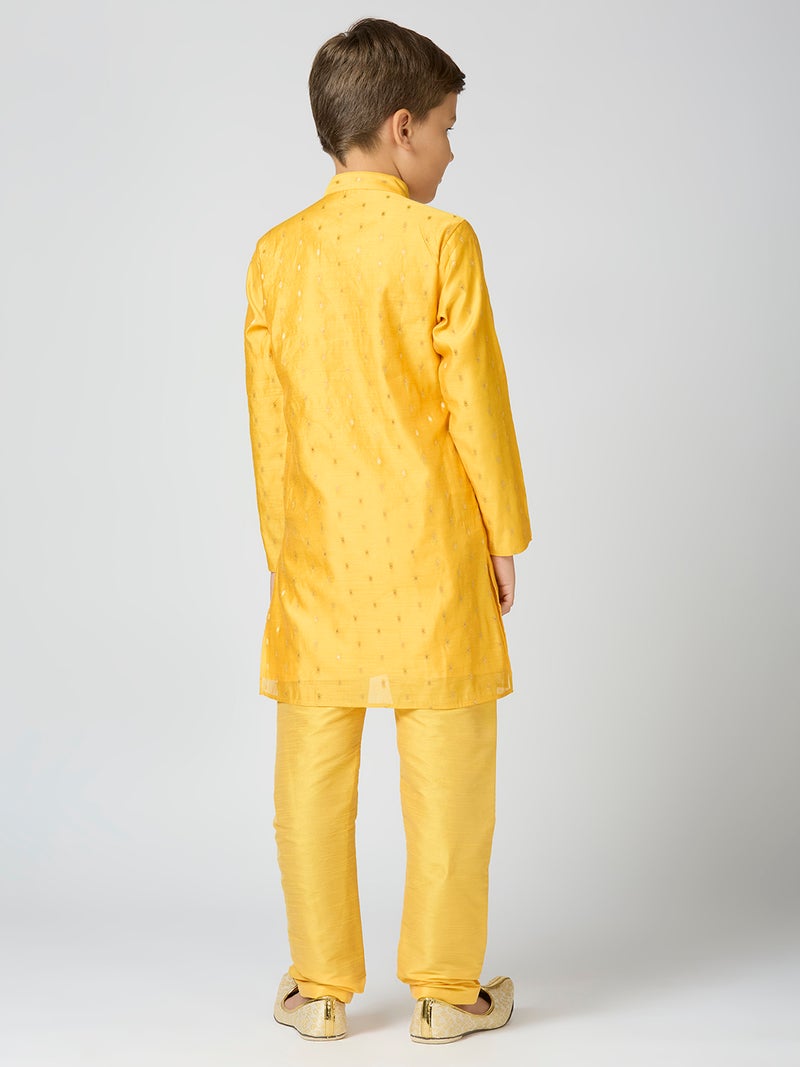 Jhambthreads Yellow Chanderi Kurta Pyjama Set for Kids - Image 2