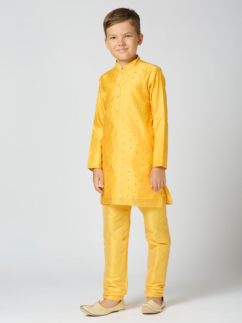 Jhambthreads Yellow Chanderi Kurta Pyjama Set for Kids - Image 3