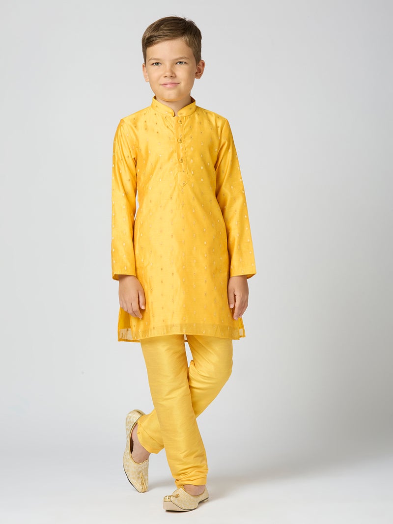 Jhambthreads Yellow Chanderi Kurta Pyjama Set for Kids - Image 1