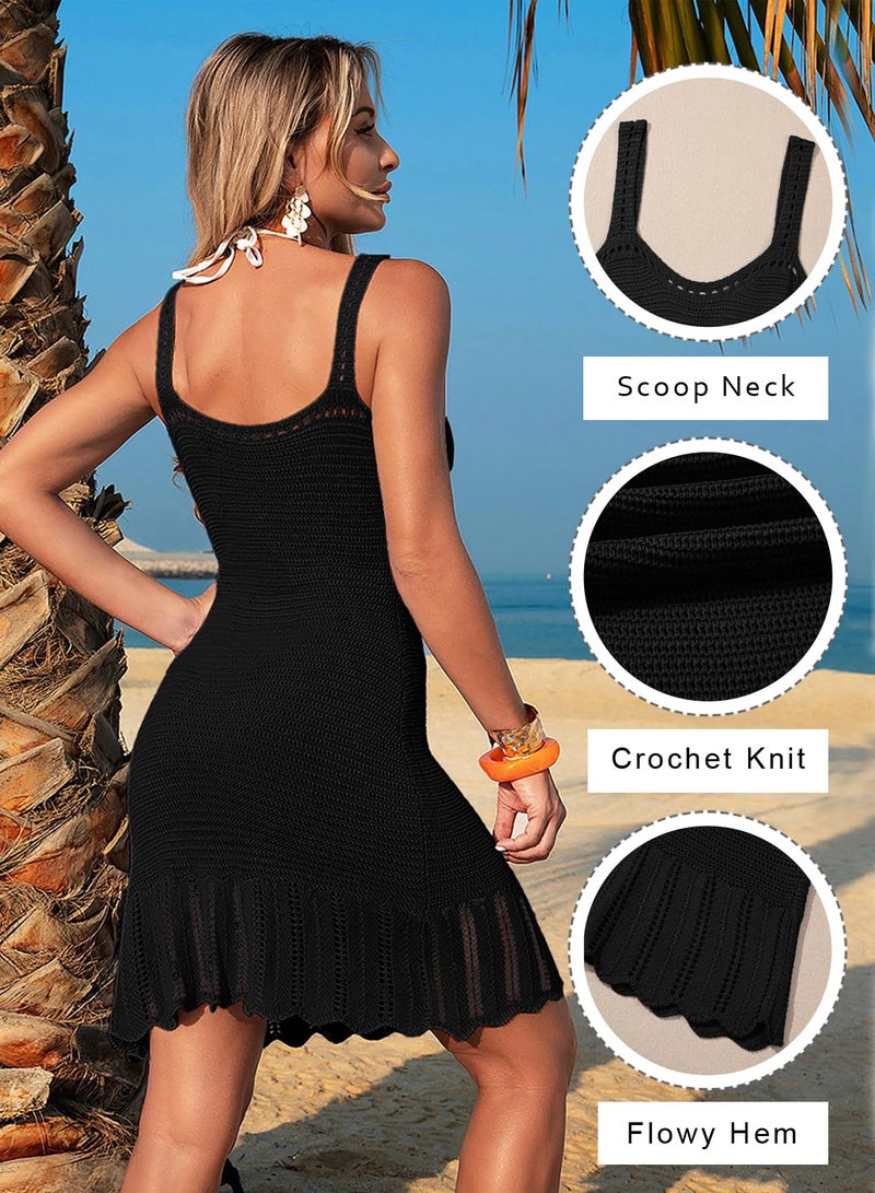 Dokotoo Cover Ups for Swimwear Women 2026 Spaghetti Straps Swim Cover Up for Women Flowy Hem Crochet Knit Hollow Out Beach Dresses Black Small - Image 2