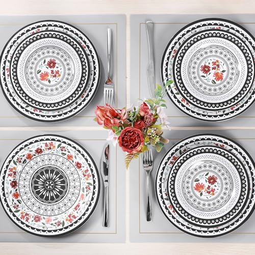 Gofunfun 12-Piece Melamine Dinnerware Sets, Unbreakable Dinner Dishes Set for Indoor and Outdoor Use, Dishwasher Safe, Lightweight Dinner Service for 4, Black and White - Image 5