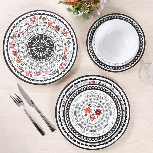 Gofunfun 12-Piece Melamine Dinnerware Sets, Unbreakable Dinner Dishes Set for Indoor and Outdoor Use, Dishwasher Safe, Lightweight Dinner Service for 4, Black and White - Image 3