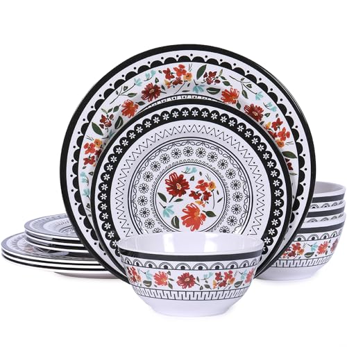Gofunfun 12-Piece Melamine Dinnerware Sets, Unbreakable Dinner Dishes Set for Indoor and Outdoor Use, Dishwasher Safe, Lightweight Dinner Service for 4, Black and White - Image 1