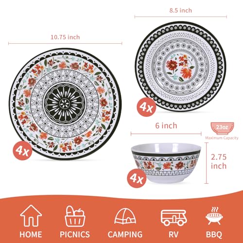 Gofunfun 12-Piece Melamine Dinnerware Sets, Unbreakable Dinner Dishes Set for Indoor and Outdoor Use, Dishwasher Safe, Lightweight Dinner Service for 4, Black and White - Image 2