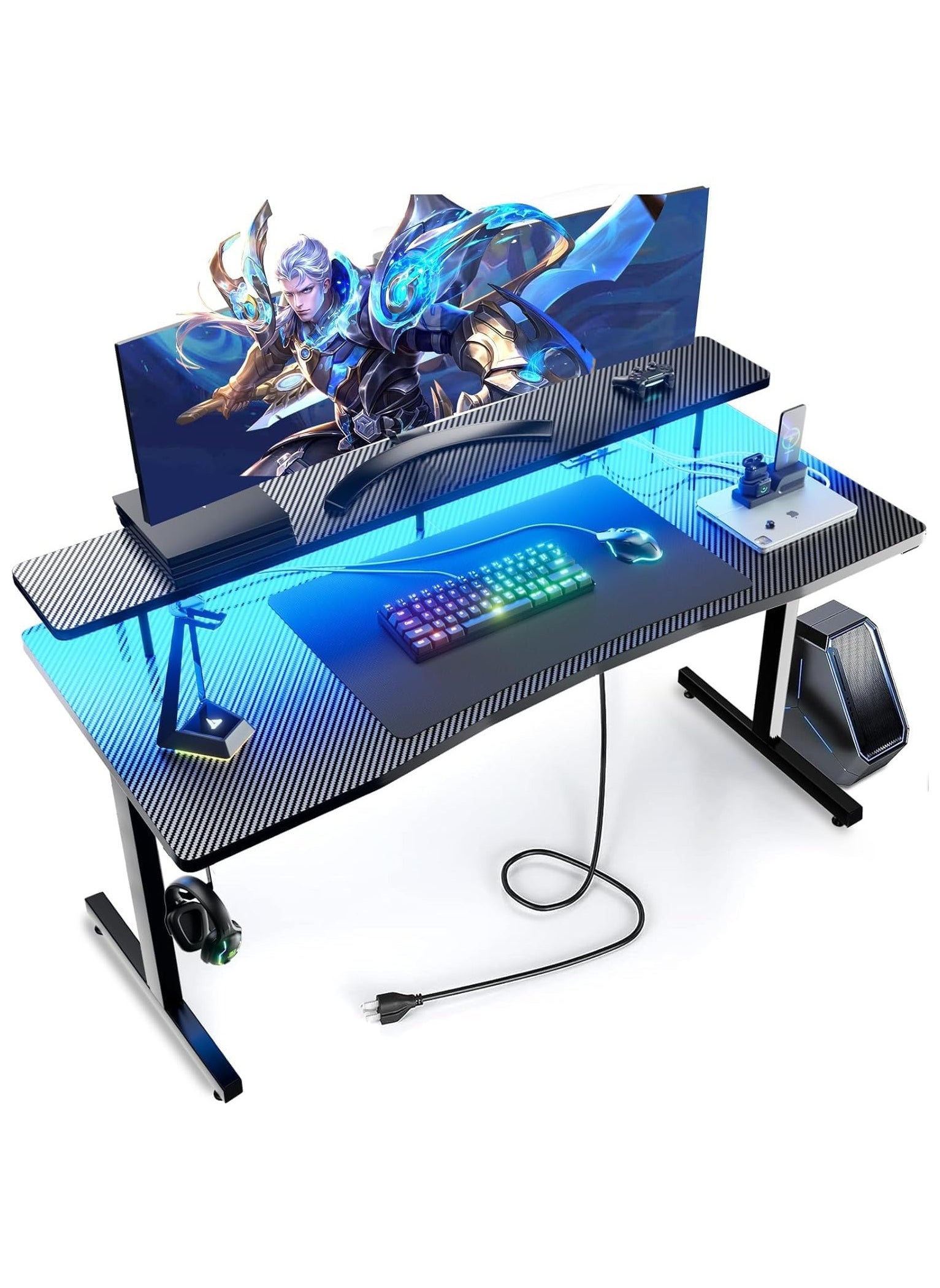 Chulovs Chulovs 140cm Gaming Desk with RGB LED Lights & Power Outlets, Computer Desk with Monitor Stand, Headphone Hook 