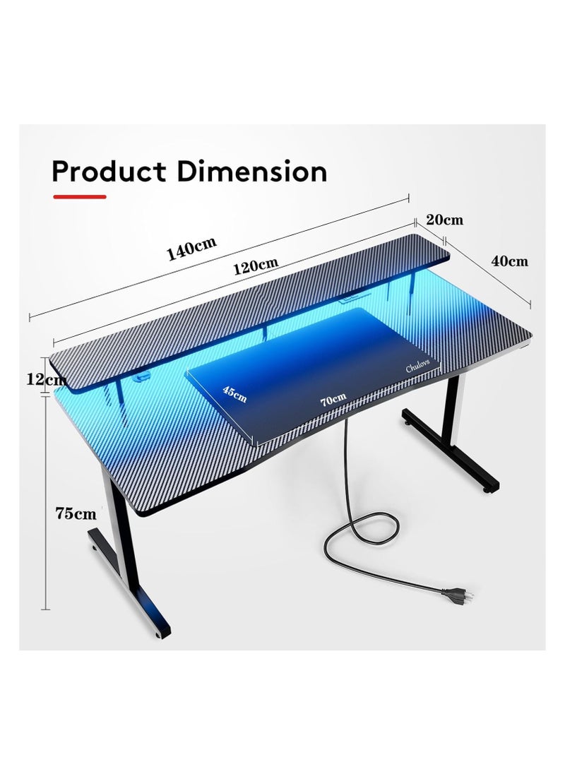 مكتب ألعاب Chulovs مقاس 140 سم مع أضواء LED RGB ومنافذ طاقة، مكتب كمبيوتر مع حامل شاشة وخطاف سماعة رأس