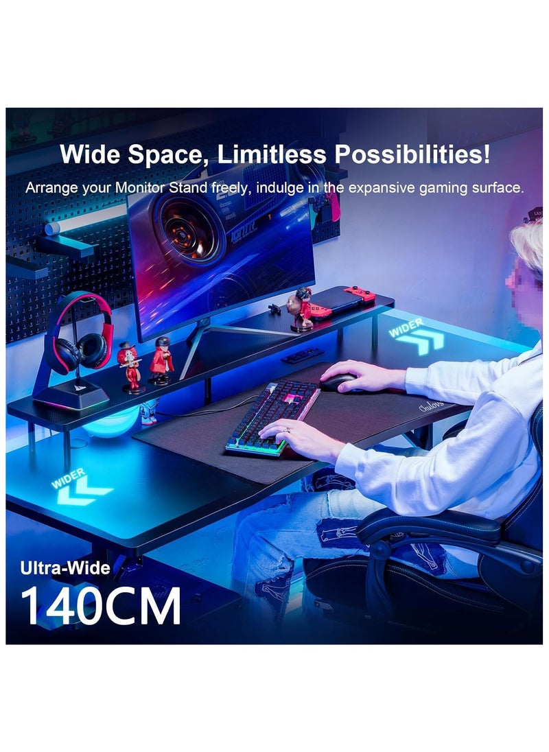 مكتب ألعاب Chulovs مقاس 140 سم مع أضواء LED RGB ومنافذ طاقة، مكتب كمبيوتر مع حامل شاشة وخطاف سماعة رأس