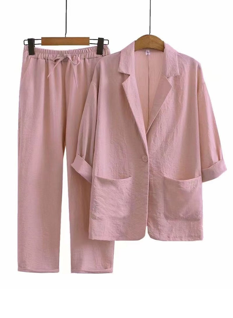 Loquat Women's Solid Color 2 Piece Set Three-Quarter Sleeve Suit Jacket And Loose Pants Casual Suit Pink 