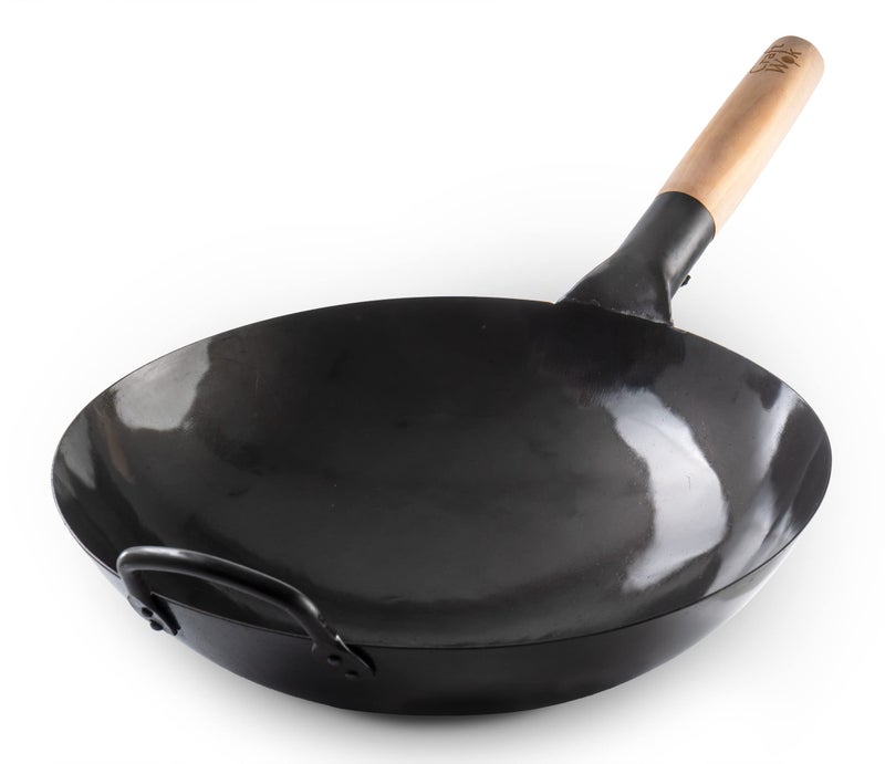 Craft Wok Black13 PreSeasoned Hand Hammered Carbon Steel Pow Wok with Wooden and Steel Helper Handle 13 Inch Round Bottom