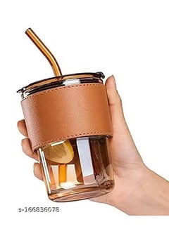 Mug Shalimo thermal Pyrex glass cup mug with chic leather strap case and cover with chalimo mixed color glass 450 ml, clear