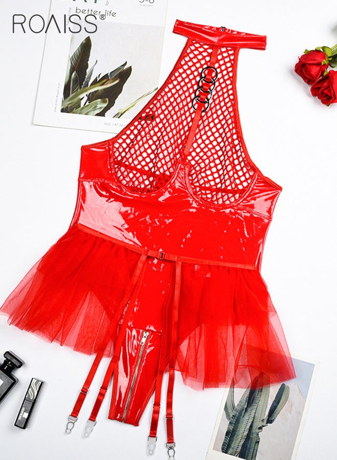 roaiss Adult Halter Teddy Bodysuit for Women Shiny PU Patent Leather Backless Lingerie Ladies Lace Mesh Underwear Leotard Babydolls Cosplay Costumes Outfits - Image 1