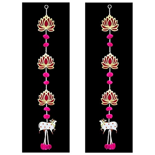 Saugat Traders Handmade Lotus Hangings for Decoration with Pichwai Cow for Diwali Puja | Pink Lotus Wall Hangings for Temple, Mandir Back Drop Main Door Entrance | 1 Pair | 31.5 Inch Each - Image 1