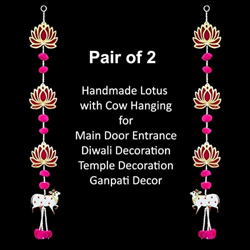 Saugat Traders Handmade Lotus Hangings for Decoration with Pichwai Cow for Diwali Puja | Pink Lotus Wall Hangings for Temple, Mandir Back Drop Main Door Entrance | 1 Pair | 31.5 Inch Each - Image 3