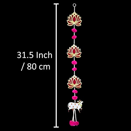Saugat Traders Handmade Lotus Hangings for Decoration with Pichwai Cow for Diwali Puja | Pink Lotus Wall Hangings for Temple, Mandir Back Drop Main Door Entrance | 1 Pair | 31.5 Inch Each - Image 2