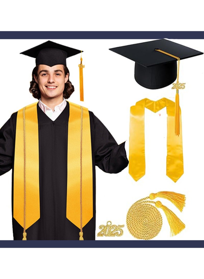Graduation Gown 2025, Graduation Cap, Year Charm, Top Hanging Tassel and Gold Stole, Graduation Decorations Costume Set(Black, Size:48)
