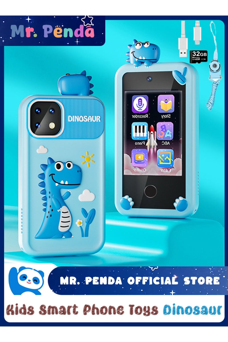 Mr. Penda Kids Smart Phone Toys with Case, Dual Camera Travel Toys Educational Games, 2.8" Touchscreen 22 Learning Games Music Player, 32g Sd Card, Gifts for 3+ Year Old Girls Boys (Blue Dinosaurs) - Image 1