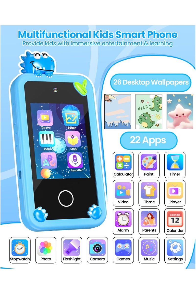 Mr. Penda Kids Smart Phone Toys with Case, Dual Camera Travel Toys Educational Games, 2.8" Touchscreen 22 Learning Games Music Player, 32g Sd Card, Gifts for 3+ Year Old Girls Boys (Blue Dinosaurs) - Image 2