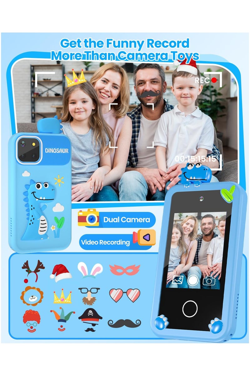Mr. Penda Kids Smart Phone Toys with Case, Dual Camera Travel Toys Educational Games, 2.8" Touchscreen 22 Learning Games Music Player, 32g Sd Card, Gifts for 3+ Year Old Girls Boys (Blue Dinosaurs) - Image 3